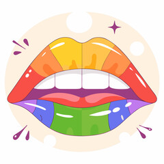 A stylized illustration of open lips painted with rainbow colors, featuring white teeth and a sparkling star.