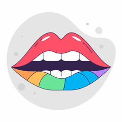 A stylized illustration of open lips with red gloss, white teeth, and a rainbow-colored lower lip against a gray abstract background.
