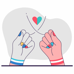 Two hands with colorful nail polish and bracelets are connected by a thread, with a split heart above them.