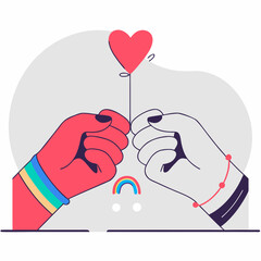 A stylized illustration of two hands, one with a rainbow bracelet, holding a heart-shaped balloon. A small rainbow is also depicted.
