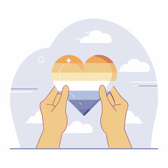 Two hands gently hold a heart shaped like the aroace pride flag. The background features a stylized sky with clouds.