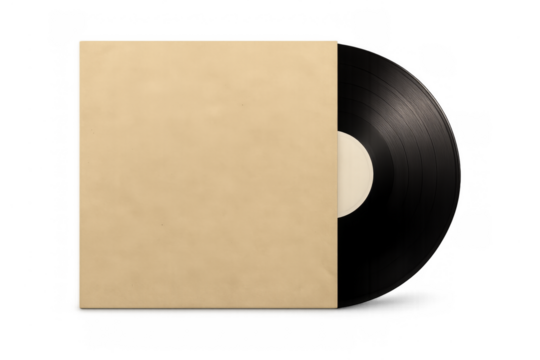 Black vinyl record peeking from blank brown sleeve