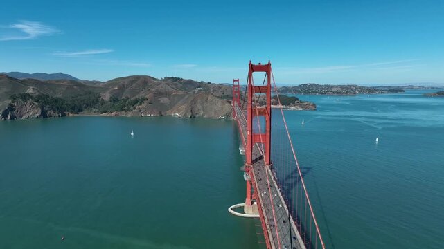 San Francisco, California, USA, June 5, 2025 - Aerial landscape view highlighting the Golden Gate Bridge, Pacific Ocean shoreline, and the San Francisco Bay Area under bright summer light