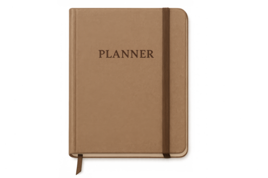 Brown planner notebook for planning organizing tasks schedule