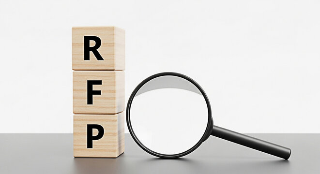 Wooden blocks spelling rfp with a magnifying glass for review and analysis on a neutral background for business and finance applications