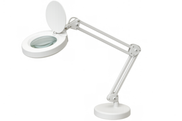 White magnifying lamp with articulated arm, transparent background