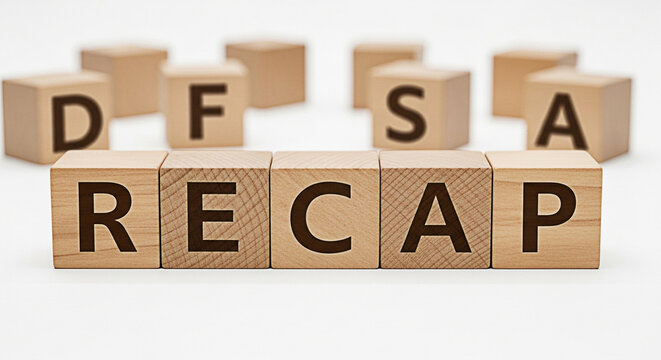 Wooden blocks spelling recap with dfs and a in the background on a white surface ideal for business education and learning concepts