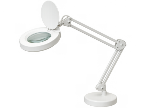 White magnifying lamp with articulated arm, transparent background