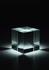 Geometric transparent solid cube made of clear glass material, illuminated by studio light, emphasizing clarity and optical properties, isolated, macro, cube