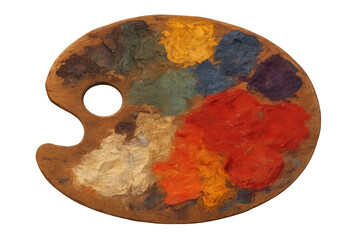 Wooden artist palette holding vibrant oil paints transparent background