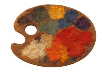 Wooden artist palette holding vibrant oil paints transparent background