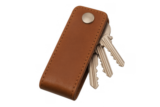 Leather key holder organizing house keys, transparent background