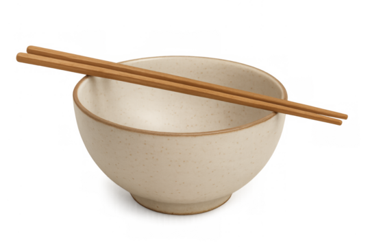 Empty ceramic bowl with wooden chopsticks on transparent background