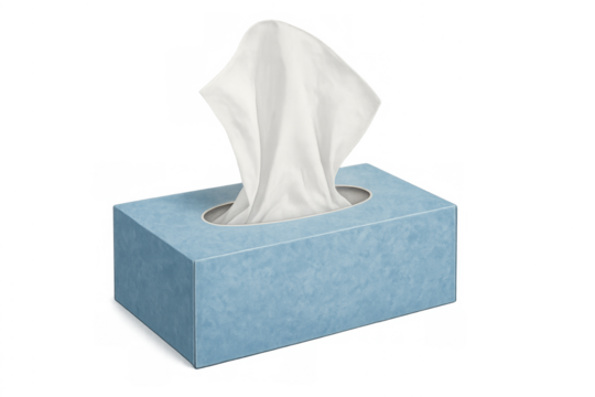 Blue tissue box with white facial tissues on transparent background