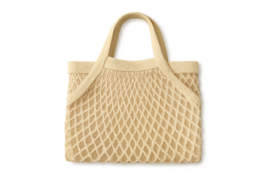 Reusable mesh string bag for sustainable shopping against transparent background