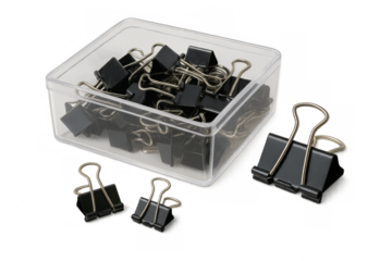 Black binder clips in clear plastic box