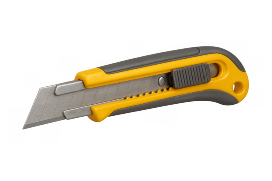 Yellow utility knife with blade extended, transparent background