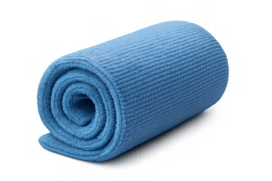 Rolled blue yoga mat on transparent background