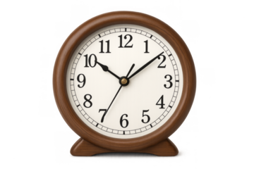 Round wood analog clock displaying time on transparent background