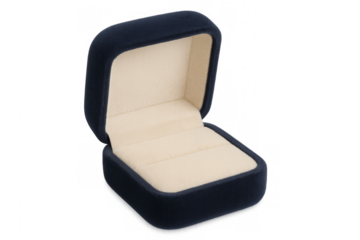 Empty blue velvet ring box open for proposal