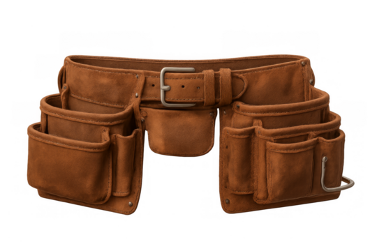 Leather tool belt on transparent background with pouches