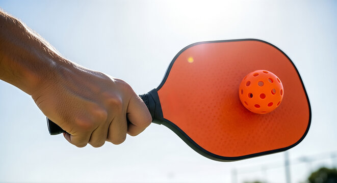 Hand holding a bright orange paddle with a perforated ball, ready to strike, under a clear blue sky, showcasing the excitement of outdoor pickleball gameplay