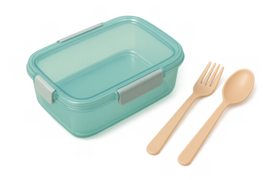 Lunch box container with reusable plastic cutlery on transparent background