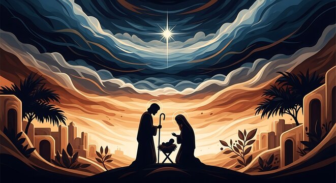 Photo of the nativity scene, depicting the birth of jesus christ with mary and joseph in silhouette under the star of bethlehem, with a dramatic sky and ancient architecture