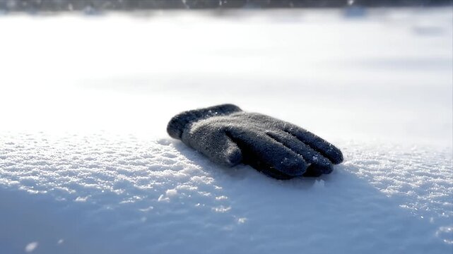 Lost grey winter glove abandoned in pristine white snow field on a bright sunny cold day A forgotten item symbolizes solitude and the harsh beauty 