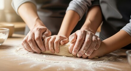 Hands of two people kneading dough together on kitchen counter
