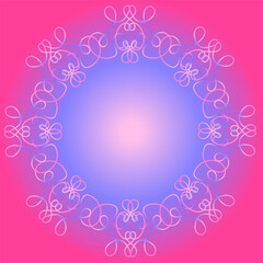 
An original round frame with an openwork pattern in a linear style on a blue and pink background