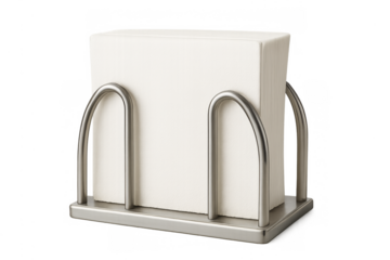 Napkin holder holding white paper napkins on transparent background