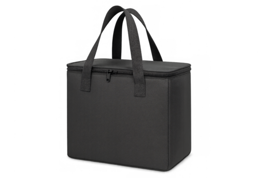 Black insulated cooler bag with handle on transparent background