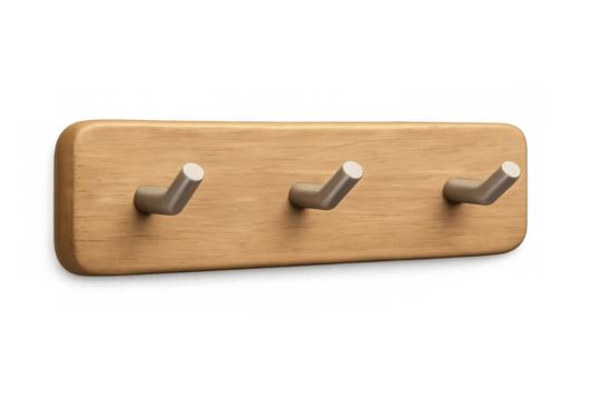 Wood coat rack with three metal hooks
