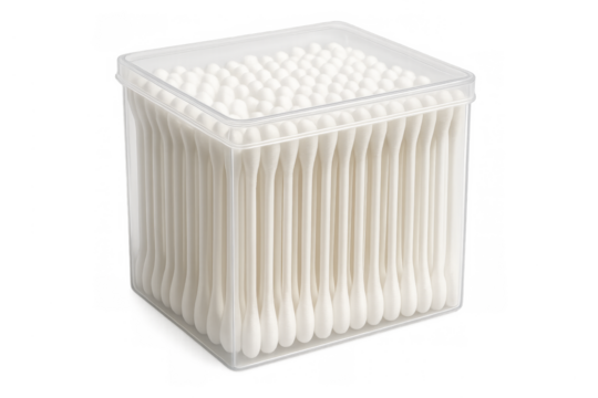 Cotton swabs in transparent container for hygiene and care