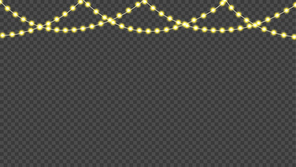 Bright yellow glowing string lights garland with smooth curved hanging wires, festive illumination vector overlay for celebration, christmas, or wedding party decoration on transparent background