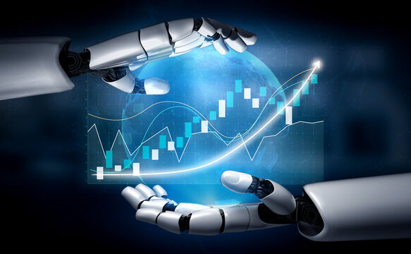 This image showcases futuristic robotic hands analyzing financial data against a digital globe and chart background, emphasizing innovation in technology and finance. Impute