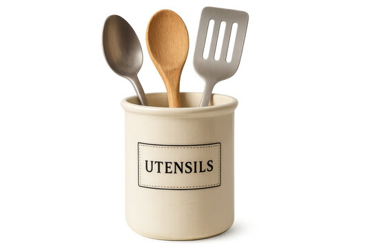 Kitchen utensils in ceramic holder transparent background