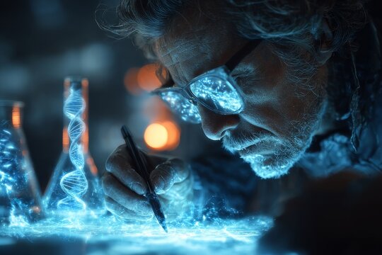 innovation lab concept, digital chemistry interface, glowing elements. Generative AI