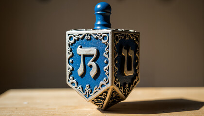 Carved blue and silver dreidel with Hebrew letters on wooden table  