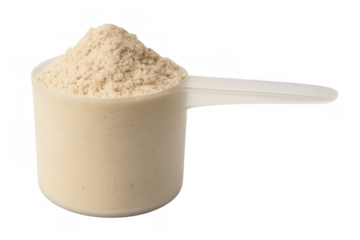 Protein powder scoop with whey supplement, transparent background