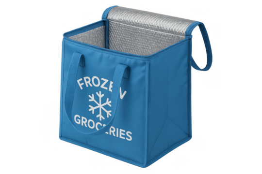 Blue insulated cooler bag for frozen groceries