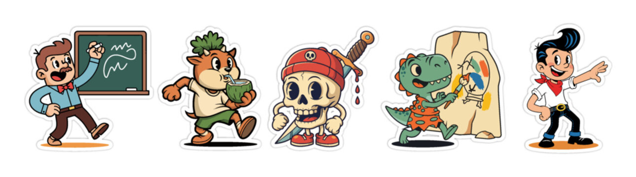Collection of Cartoon Characters - Student, Squirrel, Pirate Ske