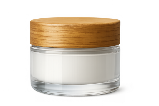Cosmetic cream jar with wooden lid on transparent background