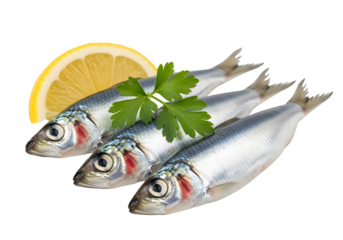 Fresh whole fish with lemon Three whole fish arranged with lemon slices and parsley on white background