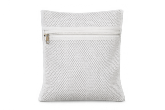 White mesh laundry bag with zipper on transparent background