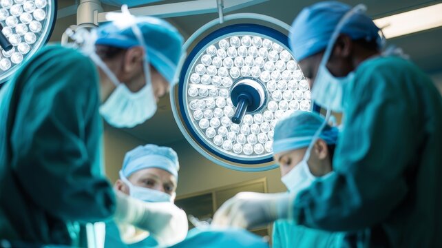 Surgical Team in Operating Room. modern hospital operating room. A team of surgeons in full scrubs is visible but out of focus, working under a bright, focused surgical light. Conveys expertise