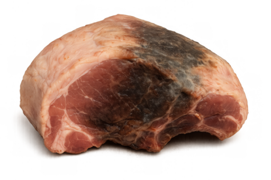 Spoiled raw pork meat showing mold decay