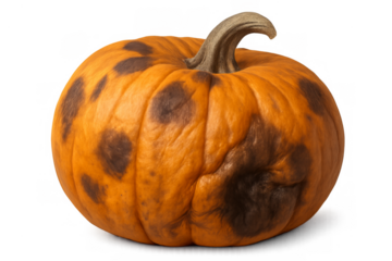 Rotten pumpkin displaying decay and brown spots on a transparent background