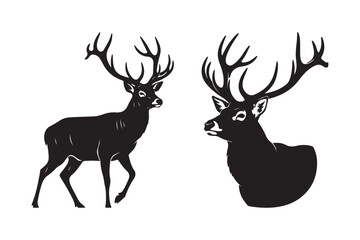 Two black silhouette deer with antlers on white background